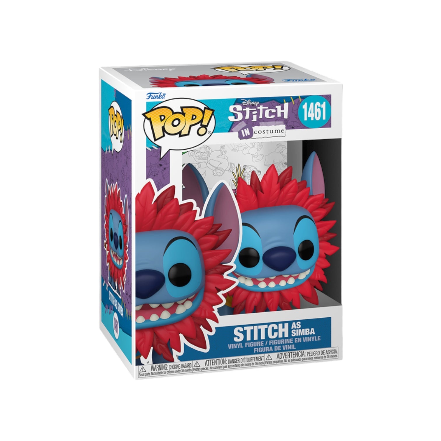 Funko Pop! Stitch dressed as Simba, featuring vibrant colors and playful details in a collectible figure.