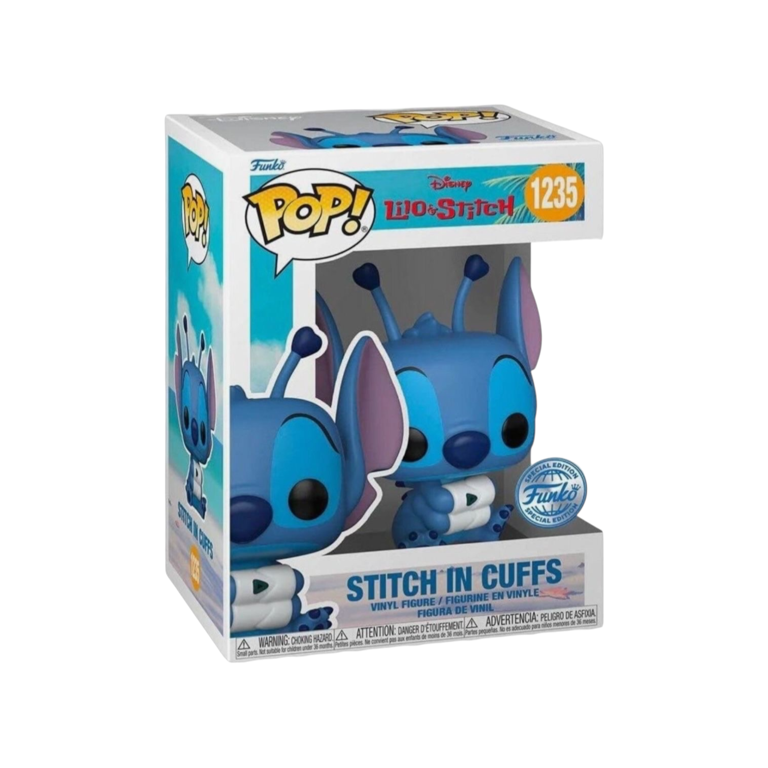 Stitch displaying his loveable blue self in electronic hand cuffs