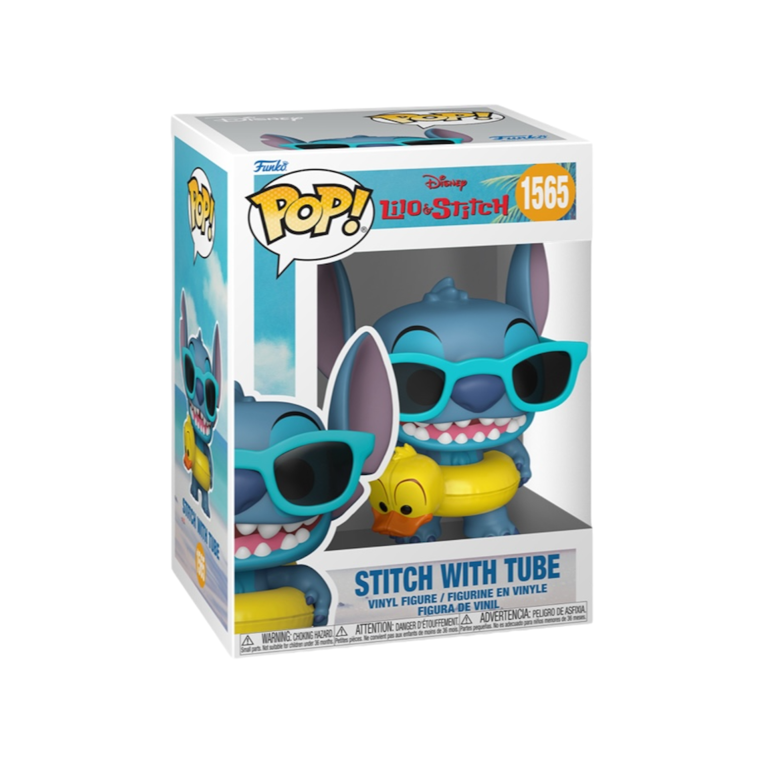 Stitch in blue sunglases with a rubber ring duck around his waist
