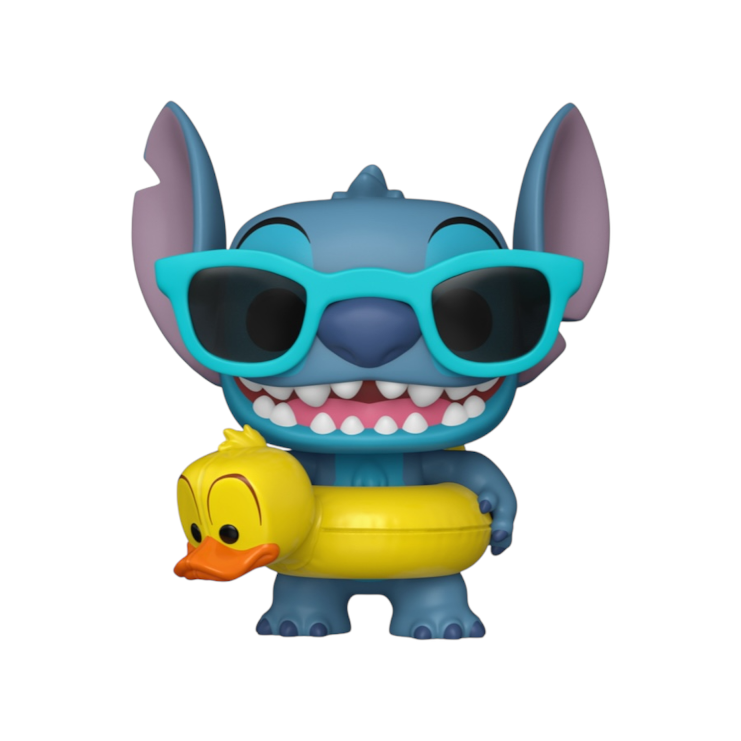 Stitch in blue sunglases with a rubber ring duck around his waist