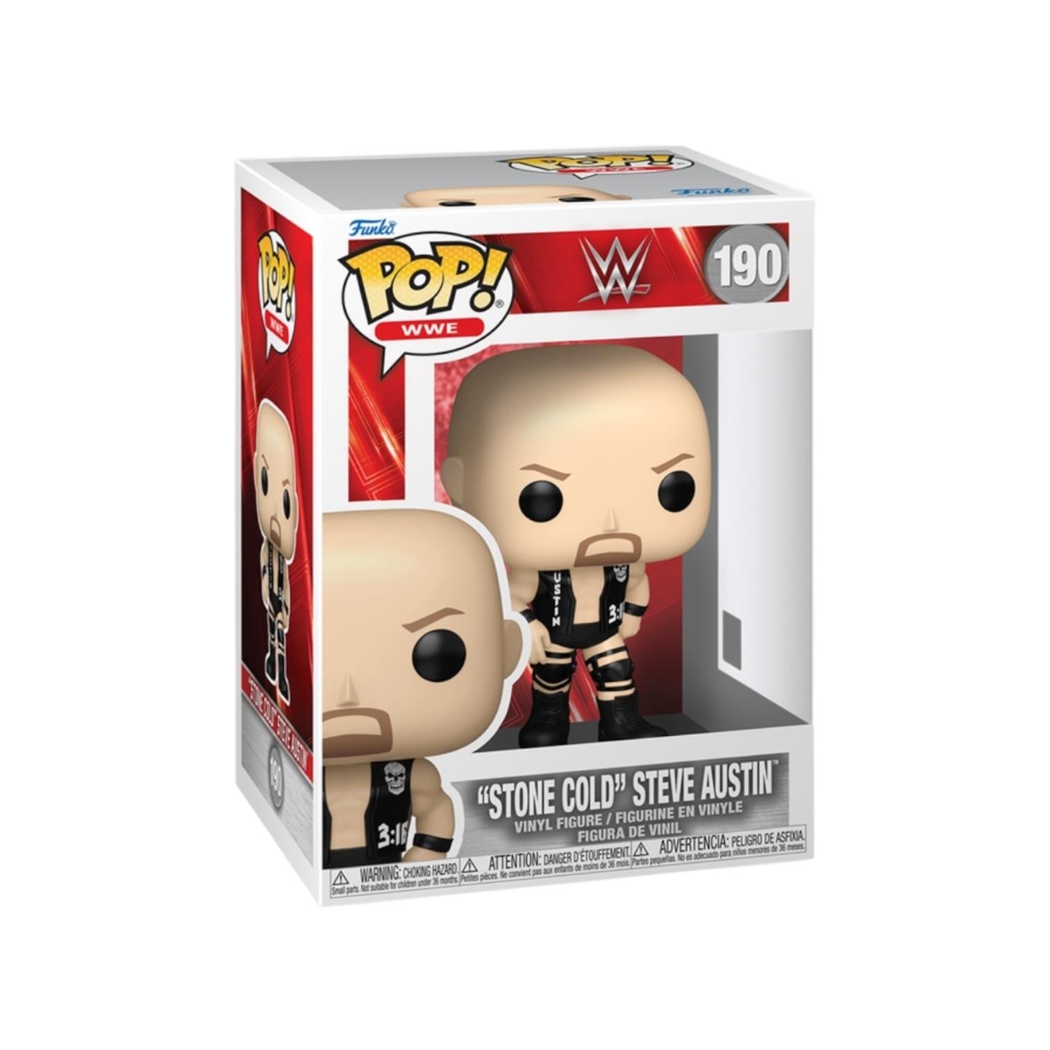 Funko Pop! WWE figure packaging with 'Stone Cold' Steve Austin on a white background