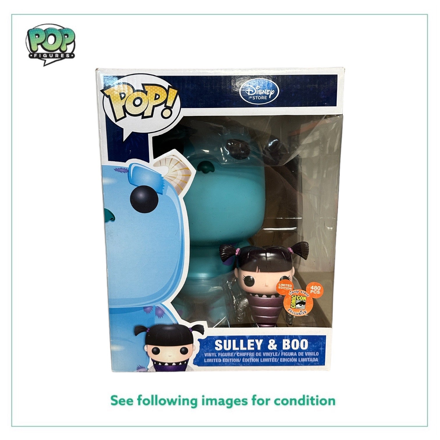 Metallic Sulley and Boo Funko Pop! figure, 9 inches tall, SDCC 2012 exclusive, limited to 480 pieces, condition 8/10.
