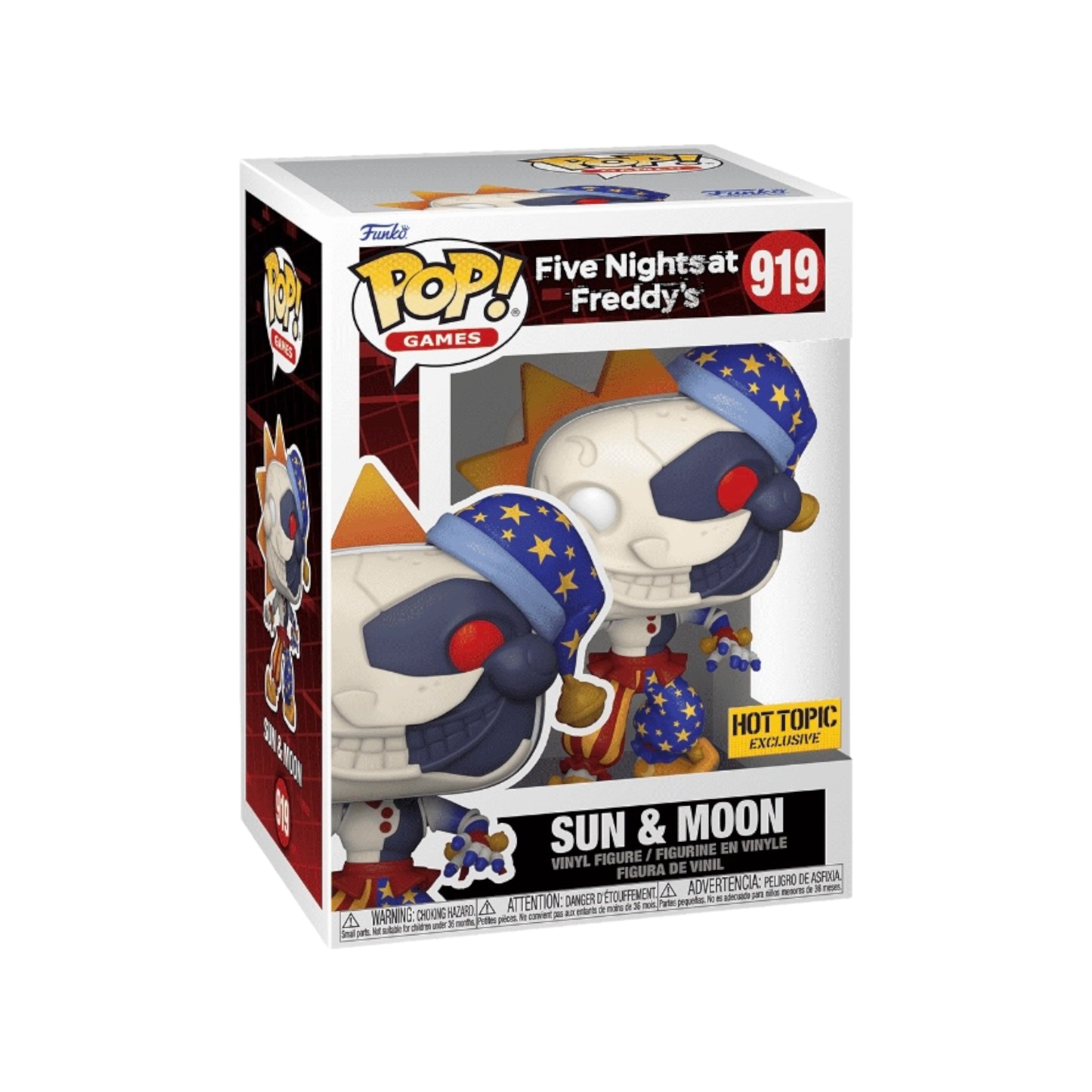 Sun & Moon #919 Funko Pop! from Five Nights at Freddy's, a Hot Topic exclusive, showcasing playful design and vivid colors.