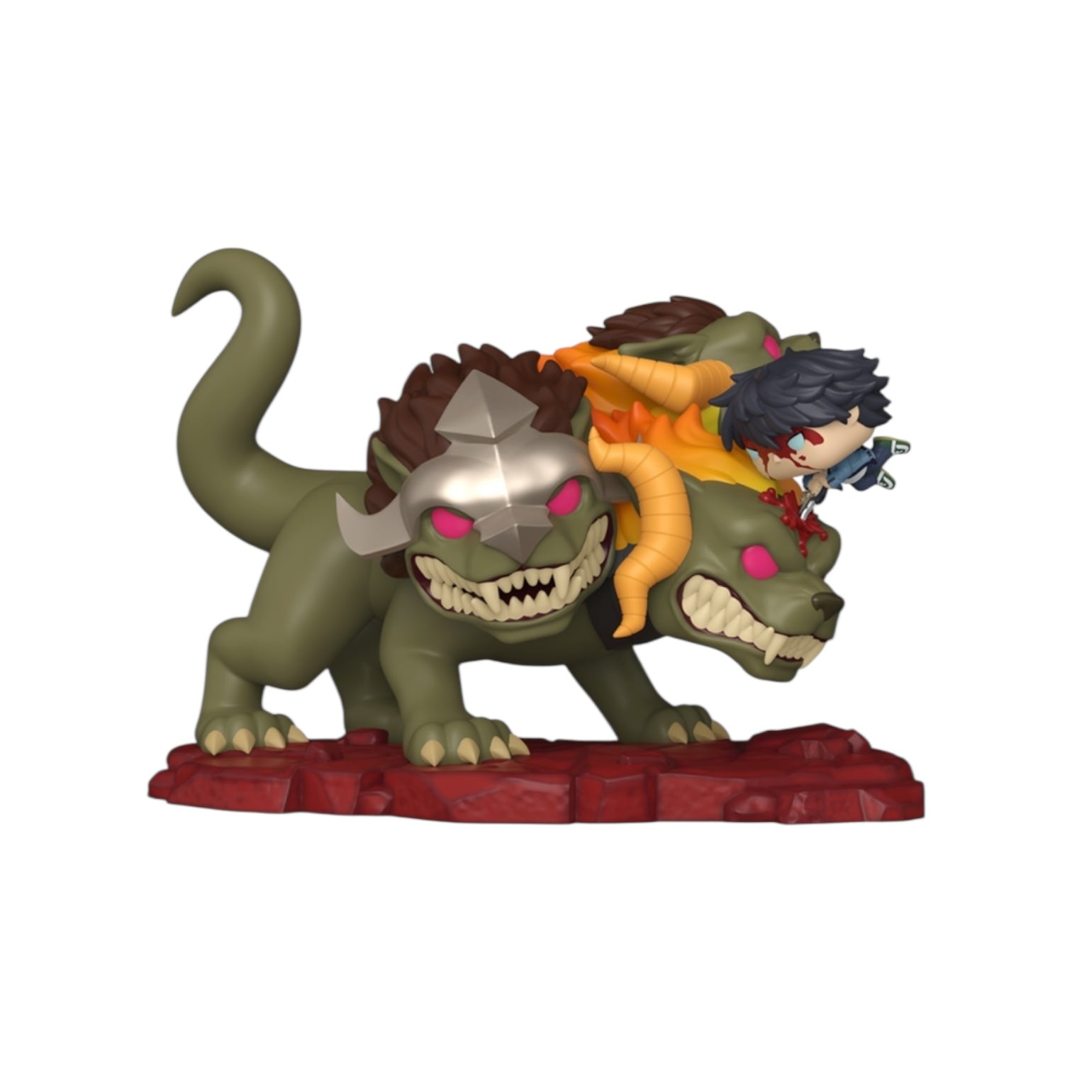Figurine of a character riding a large creature on a white background