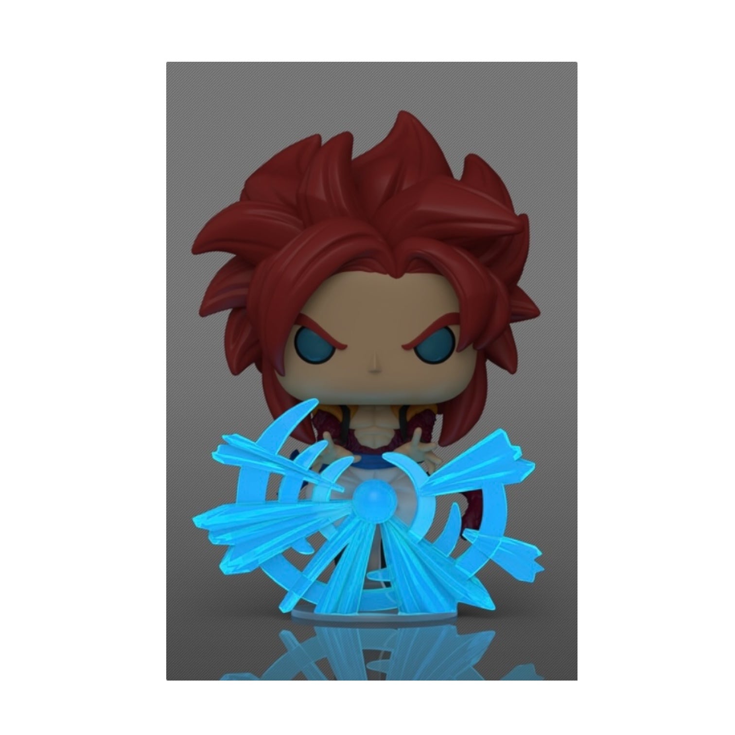 Figurine with red hair and blue eyes, standing on a blue stand against a gray background