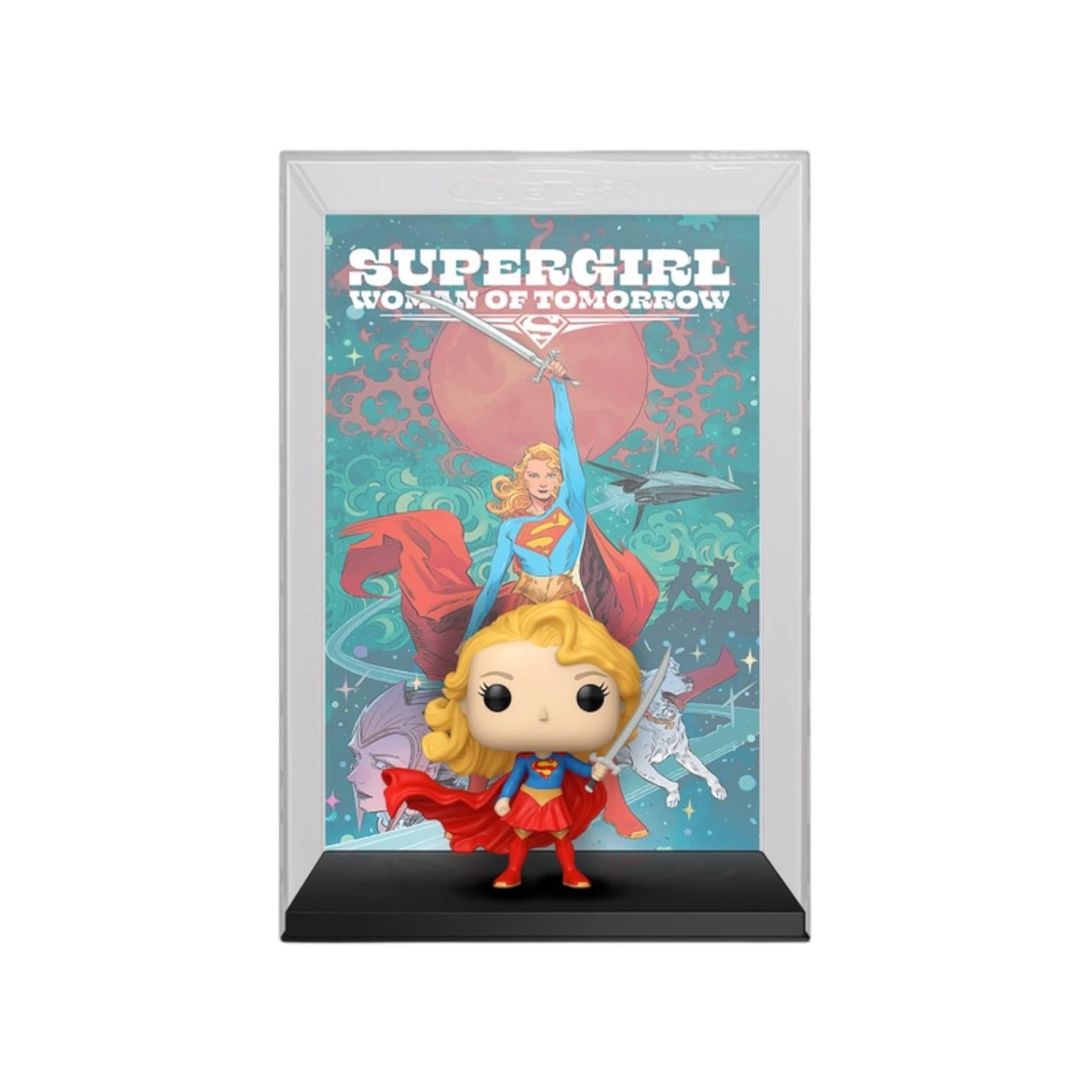 Supergirl figurine in a display case with 'Supergirl: Woman of Tomorrow' poster