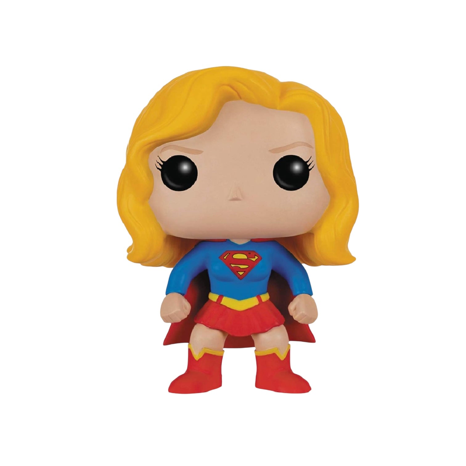Supergirl wearing her famous blue top, red skirt, red boots with the 'S' logo printed on the front.