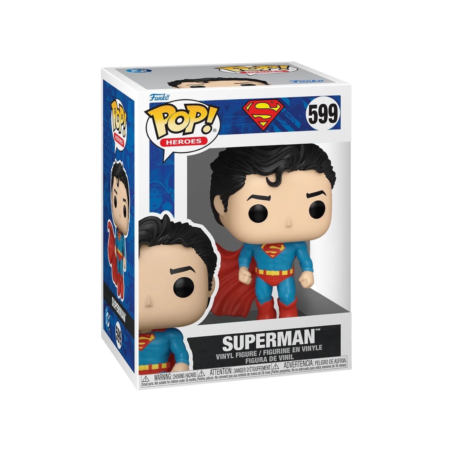 Funko Pop of Superman #599 from DC Comics: New Classics, featuring the iconic hero in his classic blue and red suit.
