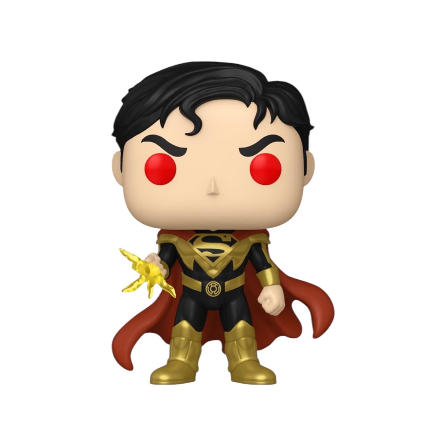Superman figurine with red eyes and gold cape on a white background