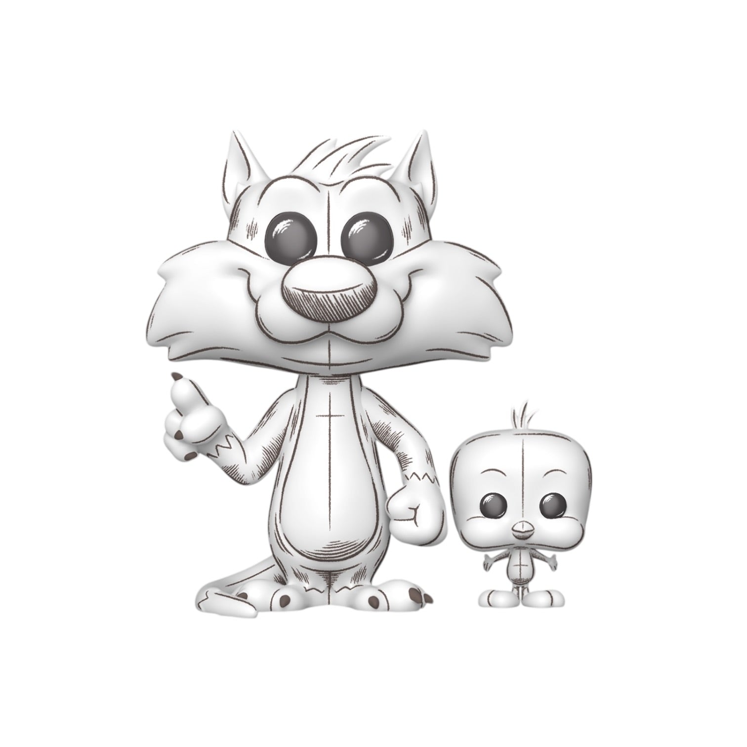 Black and white illustration of a cartoon-like character with a smaller version of itself.