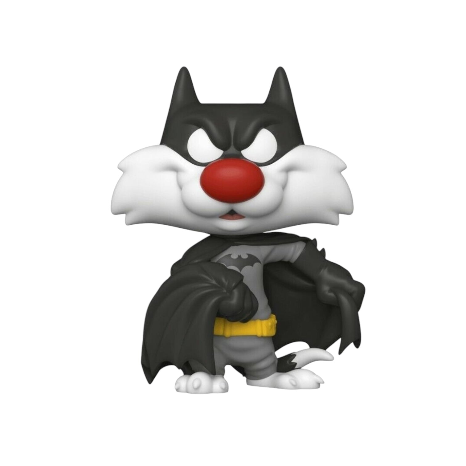 Sylvester the cat dressed as Batman with cape, batman clothing and mask.