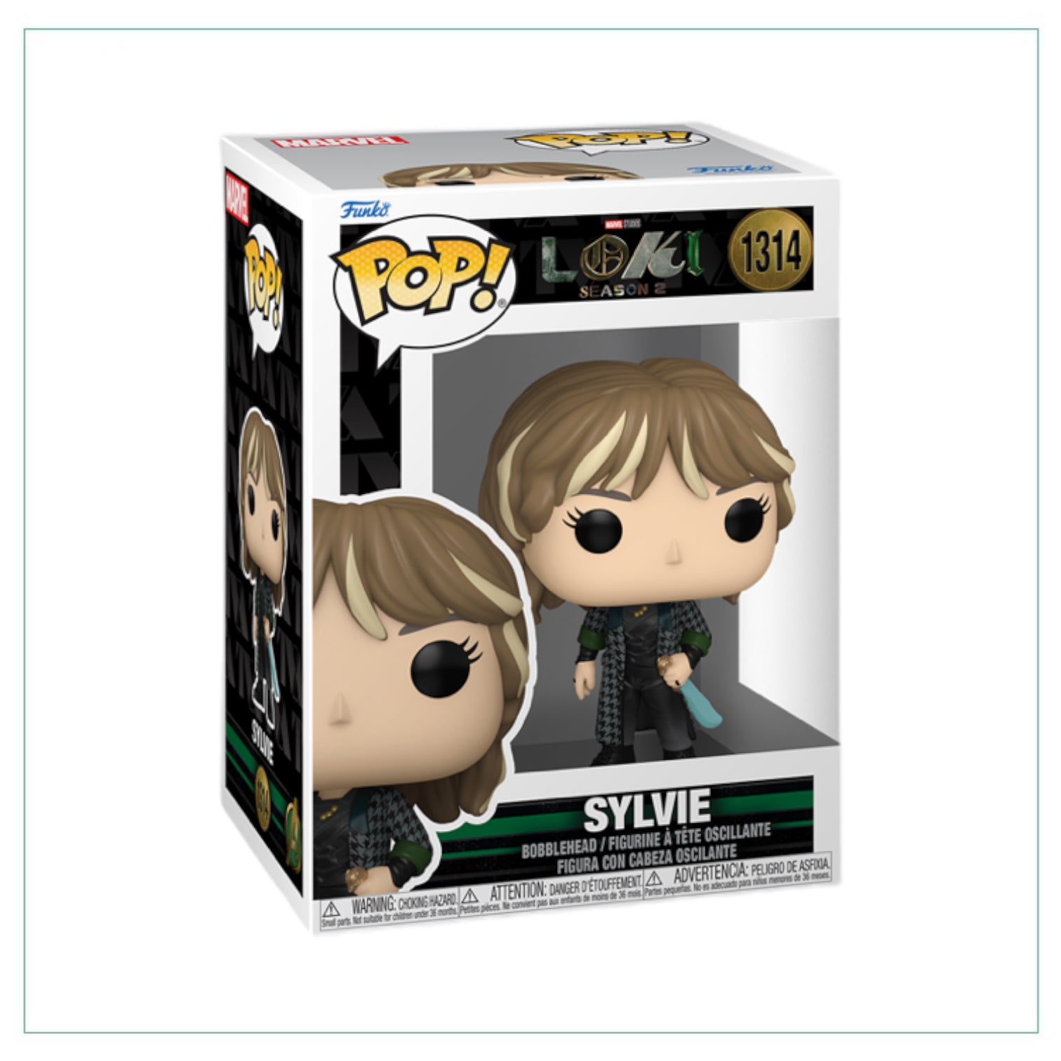 Funko Pop! figure of Sylvie from Loki, featuring her signature green outfit and mischievous expression.