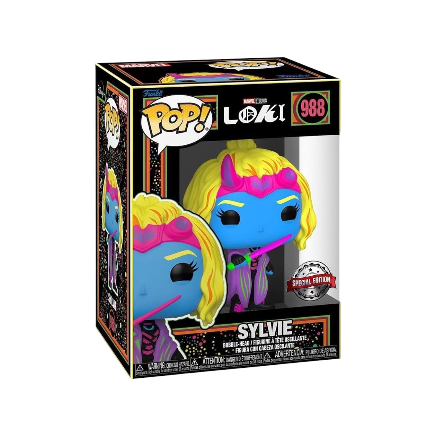 Sylvie #988 (Blacklight) Funko Pop! figure from Loki, featuring vibrant colors and a special edition design.