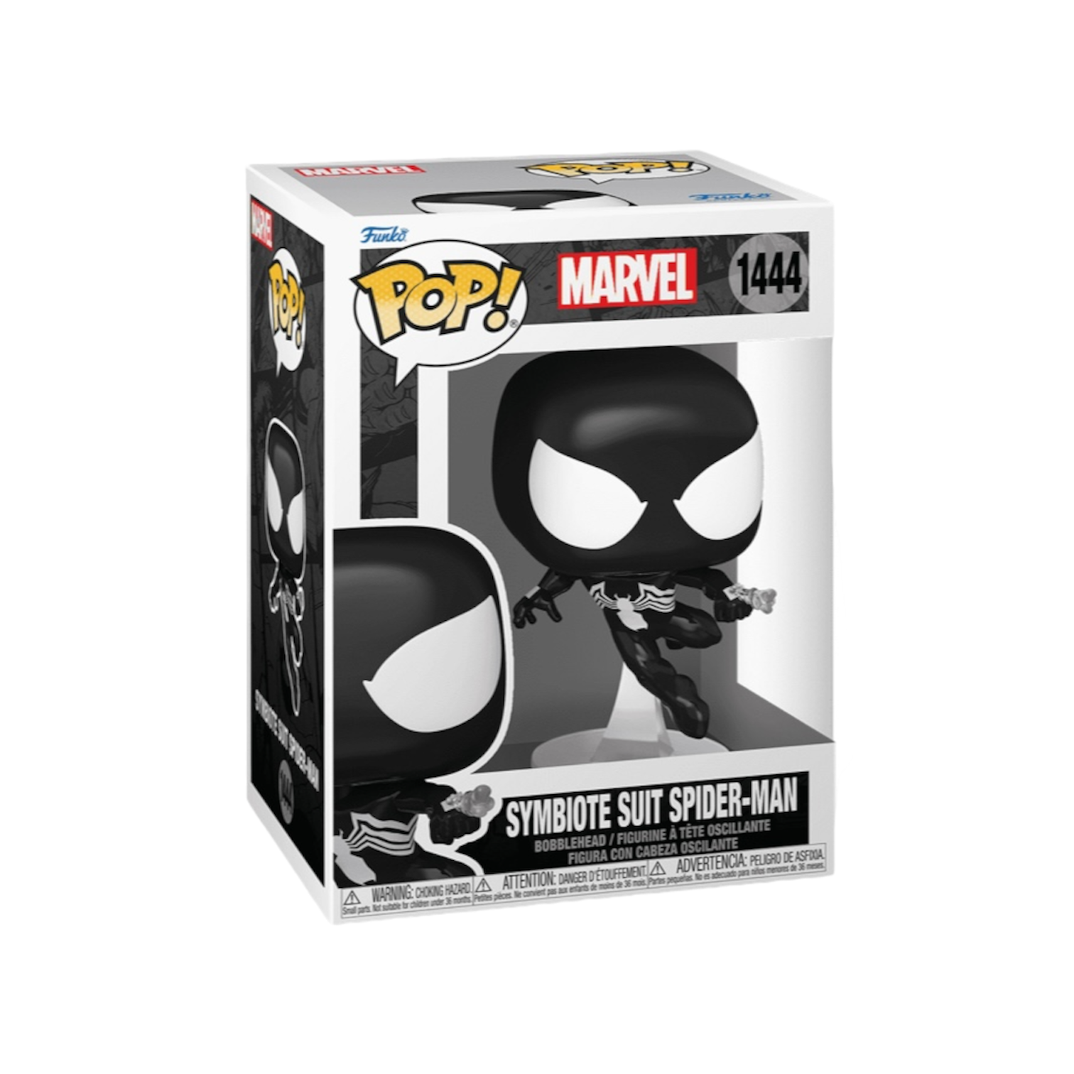 Funko Pop of Symbiote Suit Spider-Man #1444, featuring a black suit and white spider emblem, part of the Marvel collection.