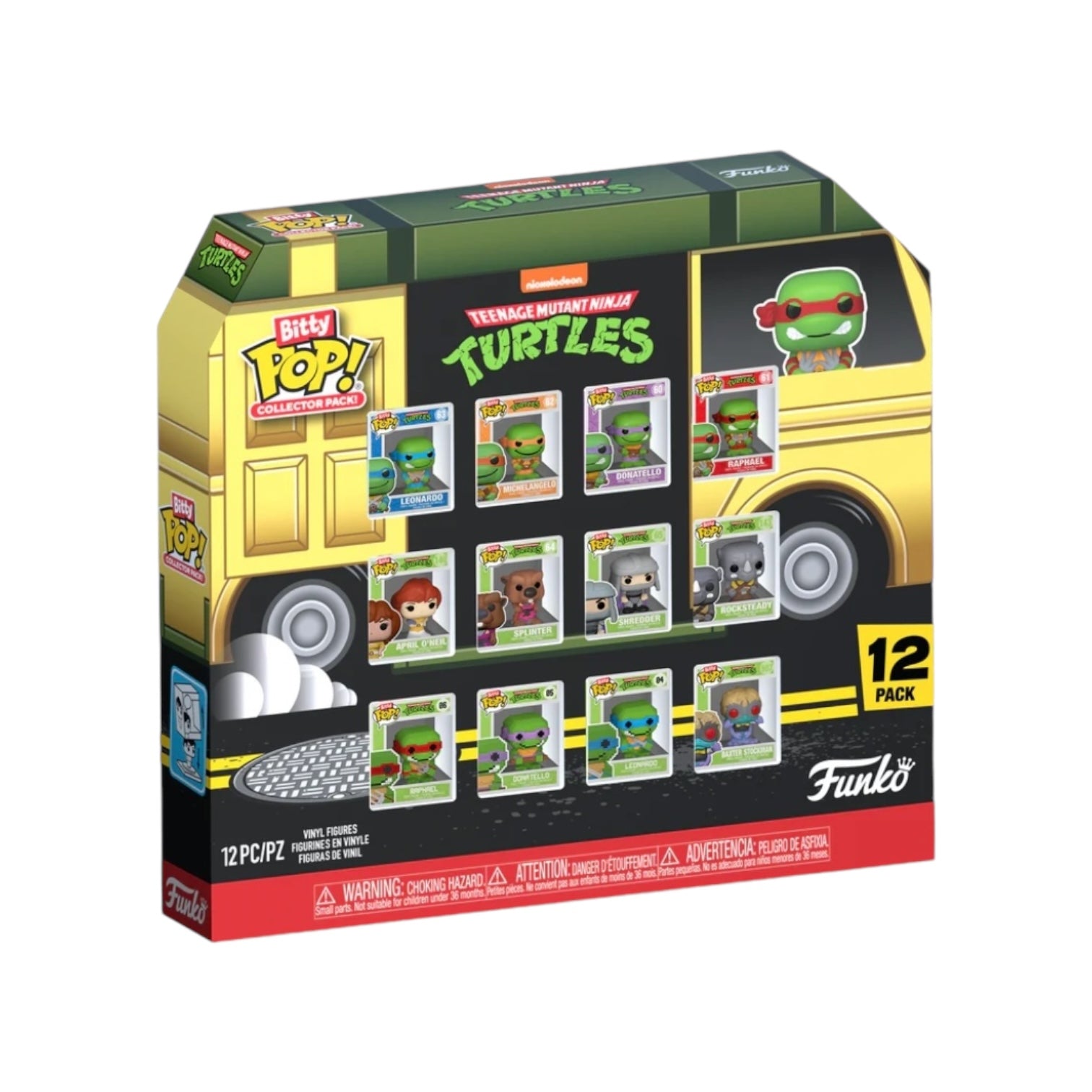 A collection of 12 Funko Bitty Pop figures featuring the Teenage Mutant Ninja Turtles in vibrant colors and dynamic poses.