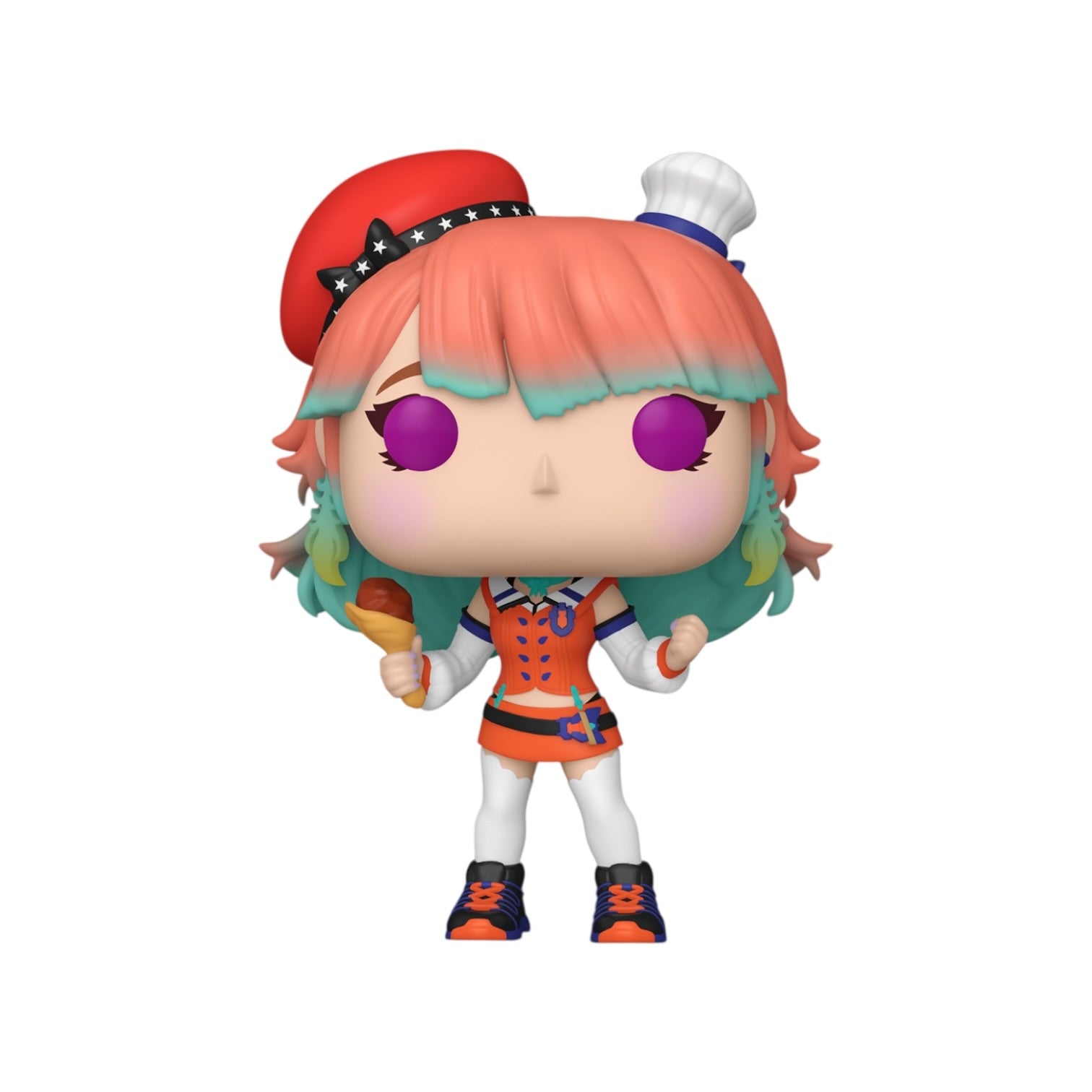 Colorful figurine with pink and green hair on a white background