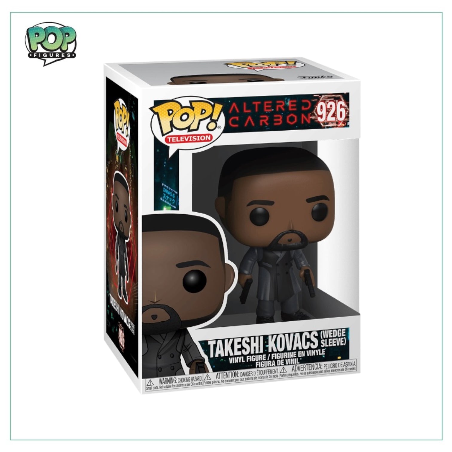 Funko Pop! of Takeshi Kovacs in wedge sleeve, inspired by Altered Carbon, showcasing detailed design and vibrant colors.