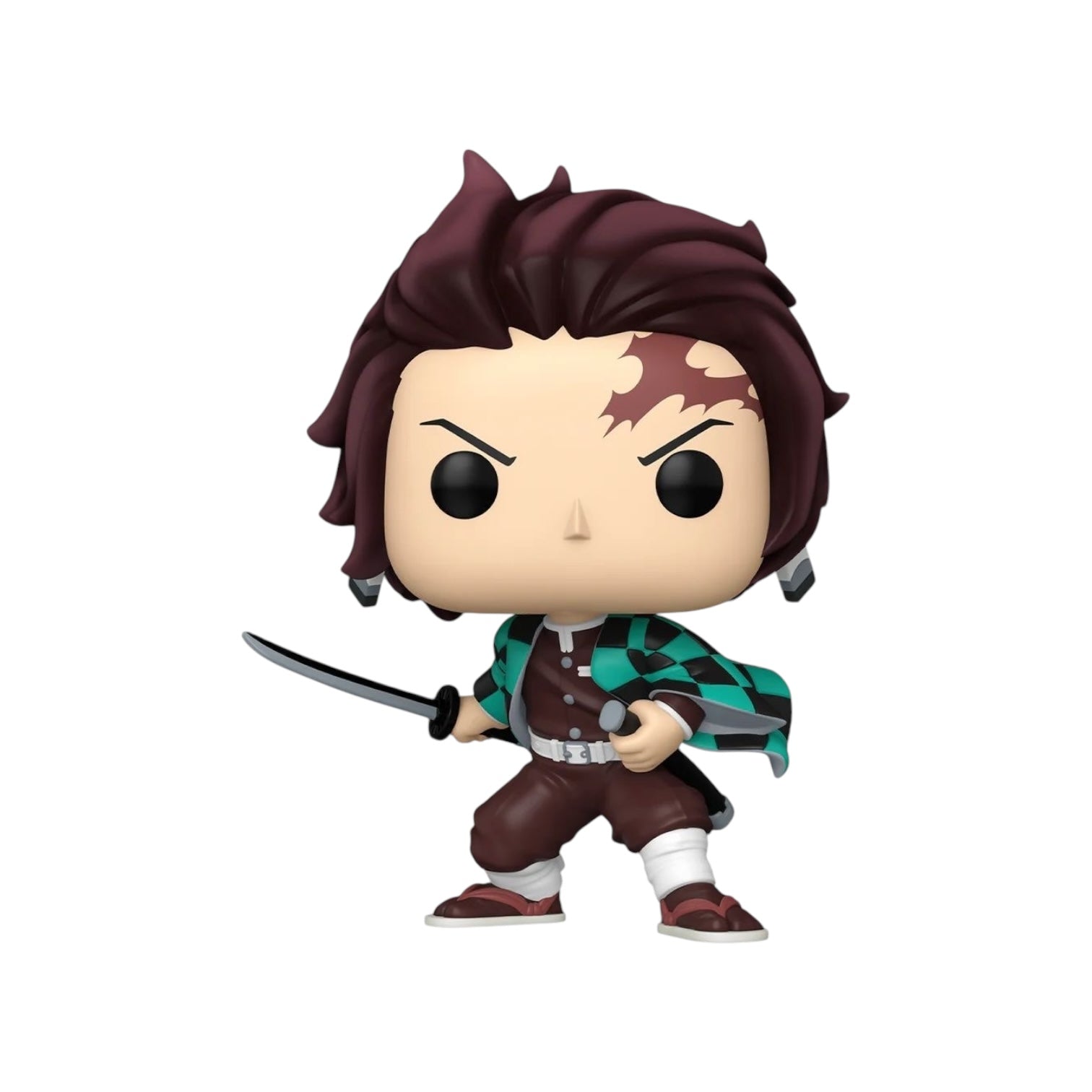 Tanjiro wearing his brown outfit with checked green and black shit holding two swords