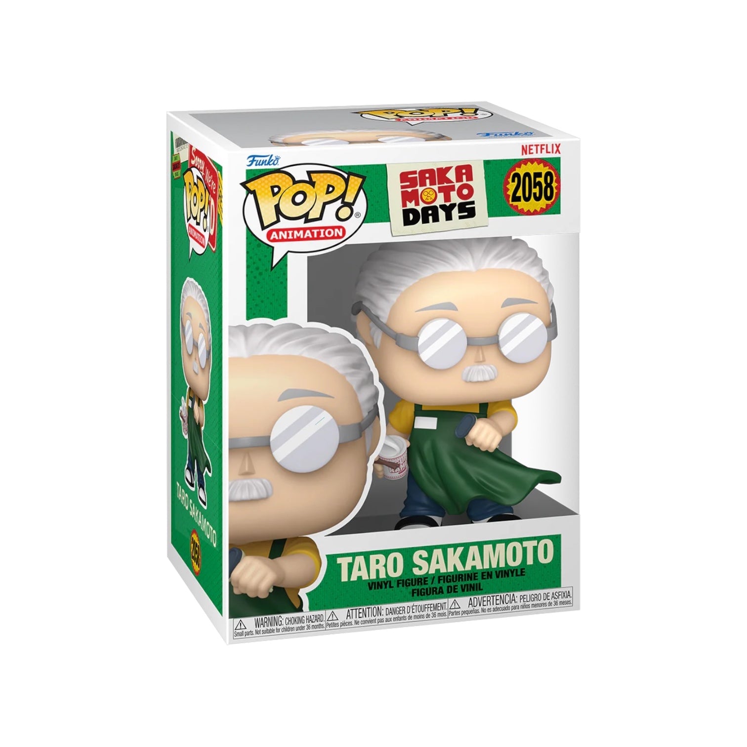 Funko Pop! vinyl figure packaging of Taro Sakamoto from Saka Moto Days with Netflix branding.