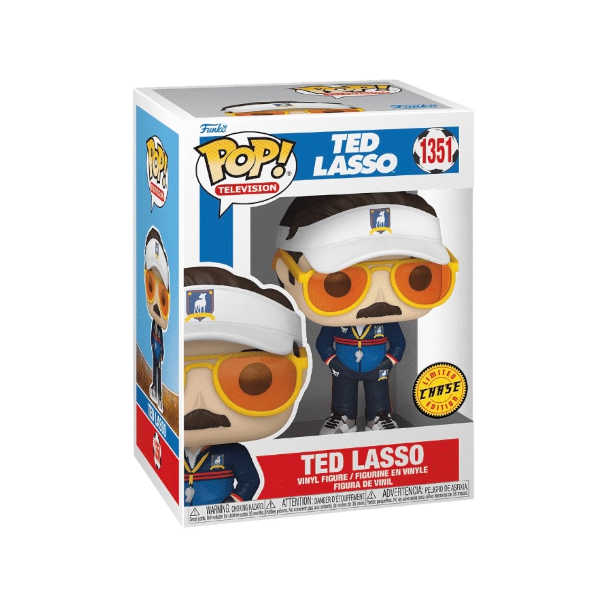 Collectible Funko Pop! of Ted Lasso #1351, showcasing him with a cap and sunglasses, ideal for any fan's display.