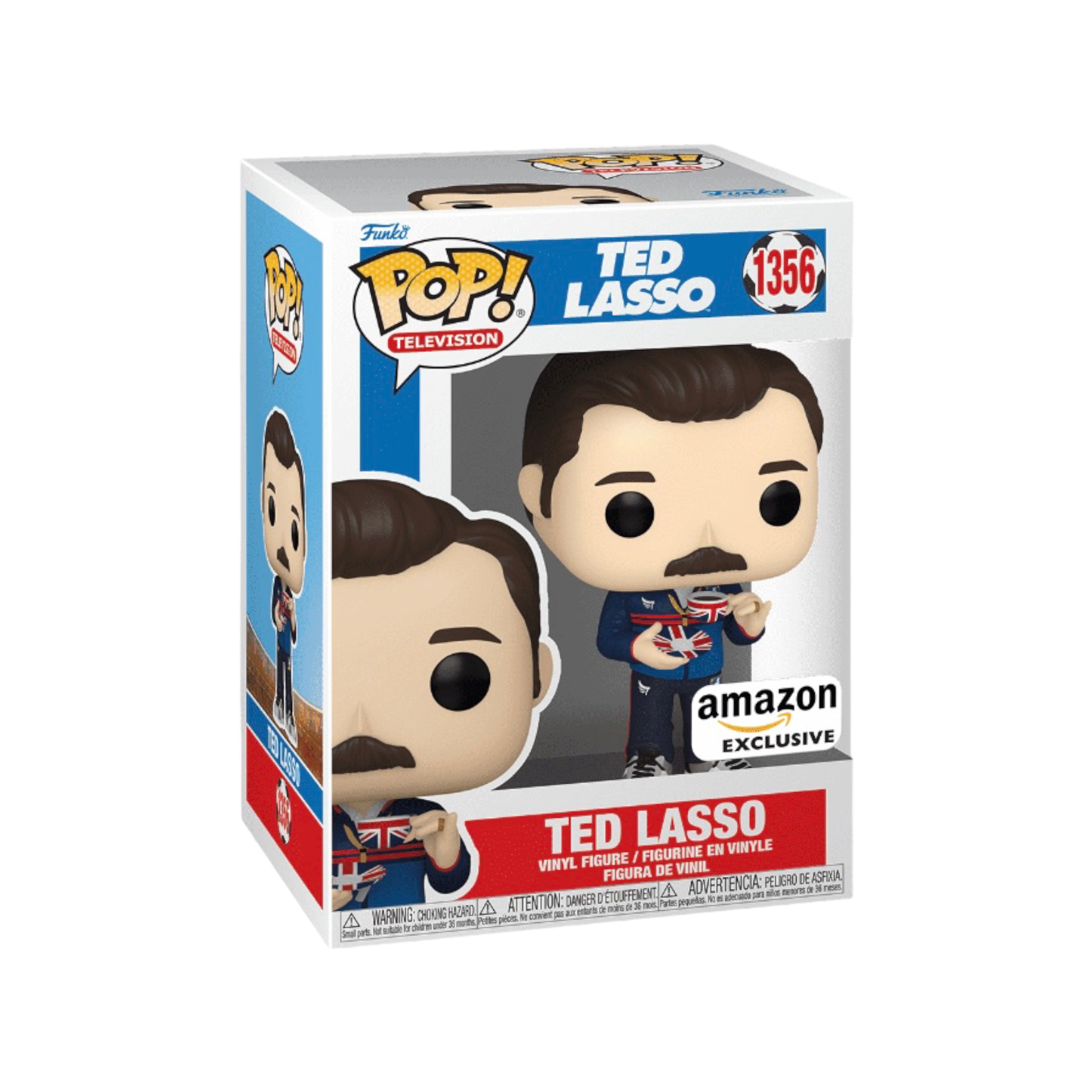 Ted Lasso Funko Pop! #1356 featuring him with a tea cup, available exclusively on Amazon for fans and collectors.