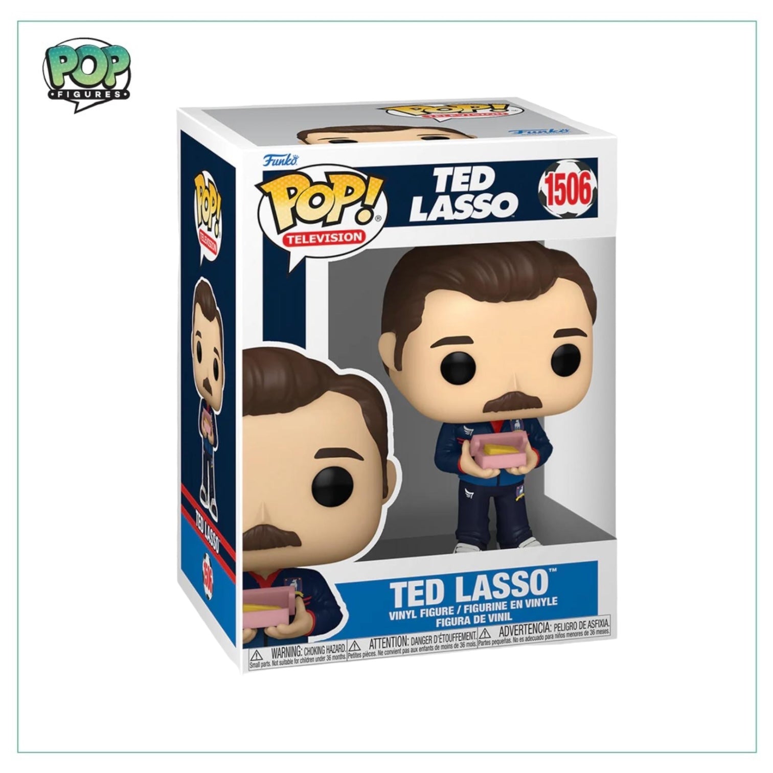 Ted Lasso Funko Pop! figure #1506, featuring him with his signature biscuits and a big smile, perfect for fans of the show.