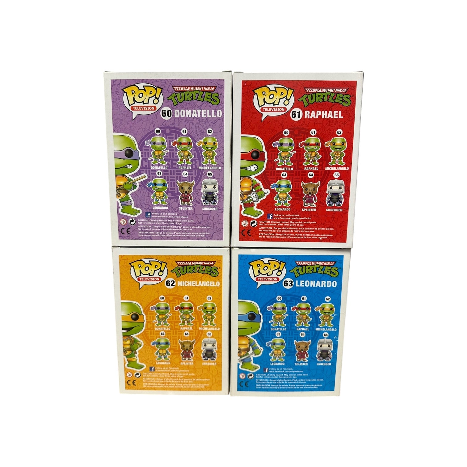 Four Funko Pop! vinyl figures of Teenage Mutant Ninja Turtles in their packaging on a white background.
