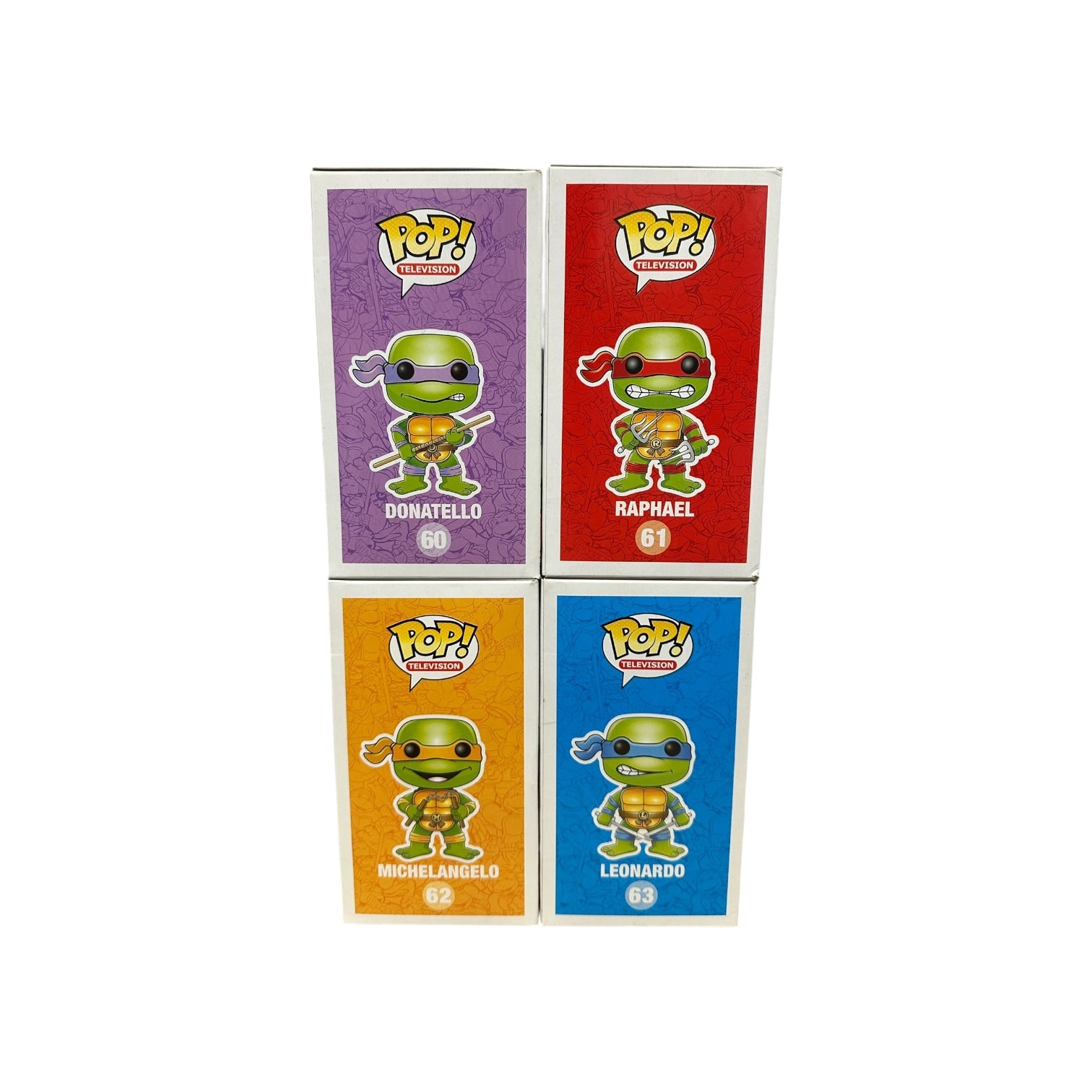 Four Funko Pop! vinyl figures of Teenage Mutant Ninja Turtles in colorful boxes on a white background