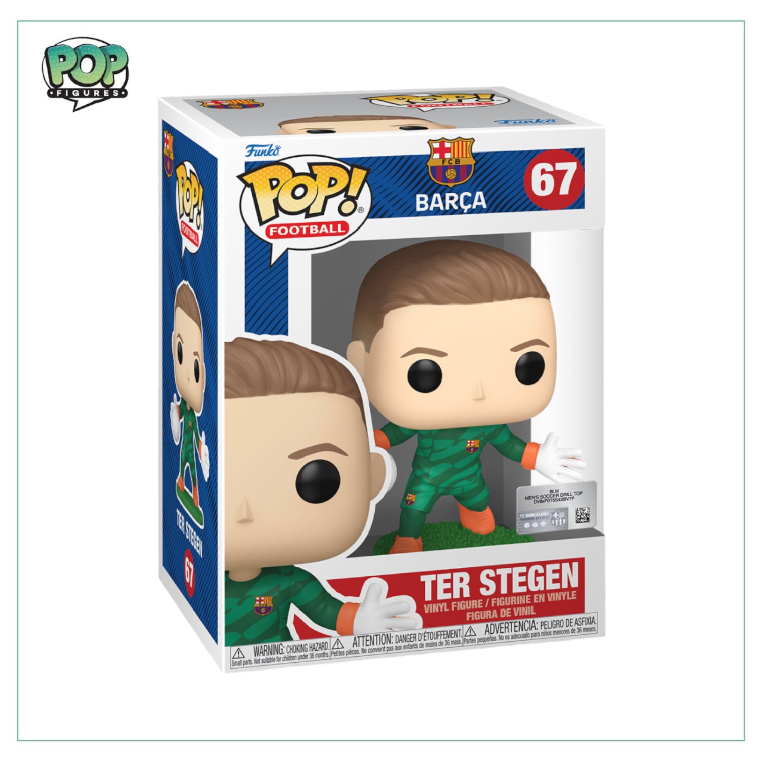 Ter Stegen Funko Pop! collectible, dressed in Barcelona gear #67, capturing his likeness in a fun, stylized design.