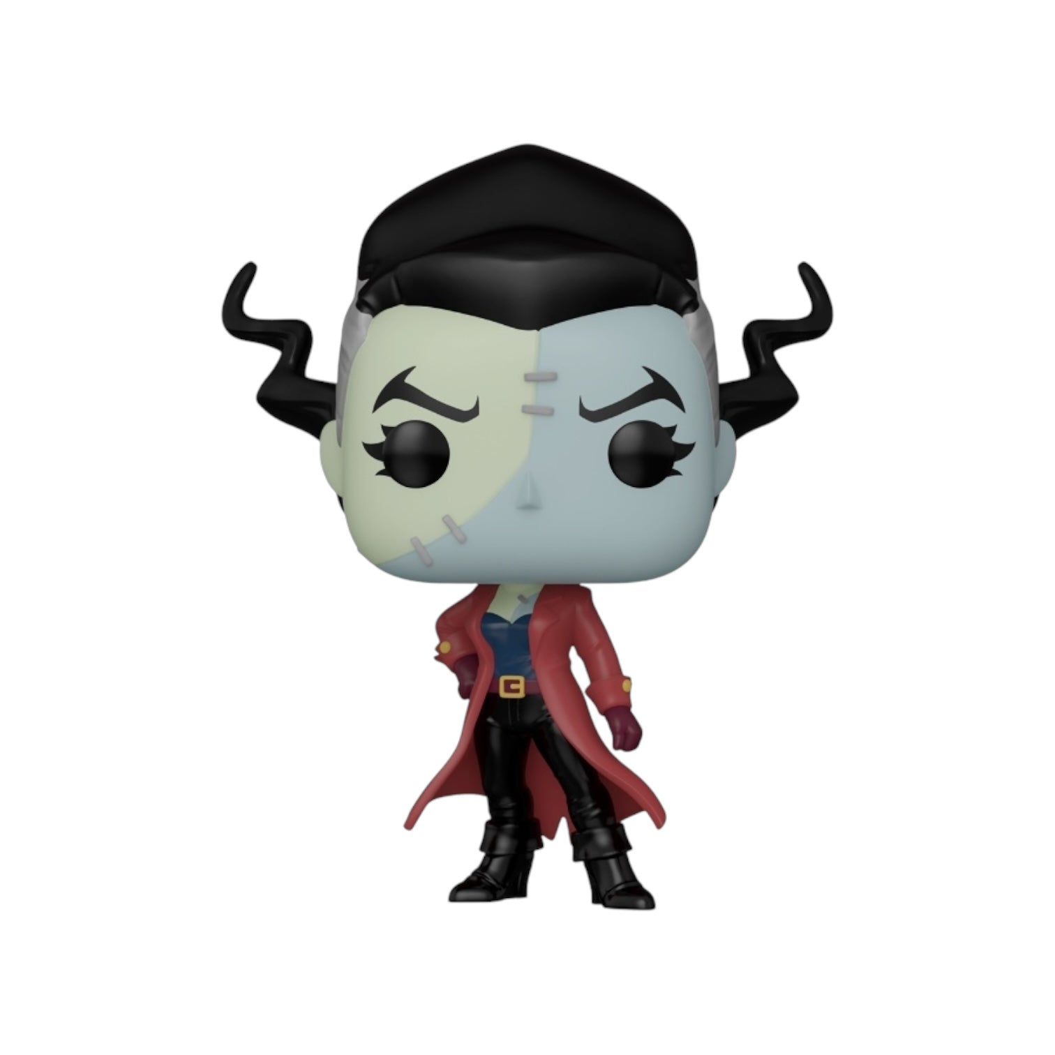 with her confident hands on hip pose, The Bride has a stern expression, black hair styled upwards with wavy tendrils, and is dressed in a red trench coat over a blue shirt and black pants, with black boots