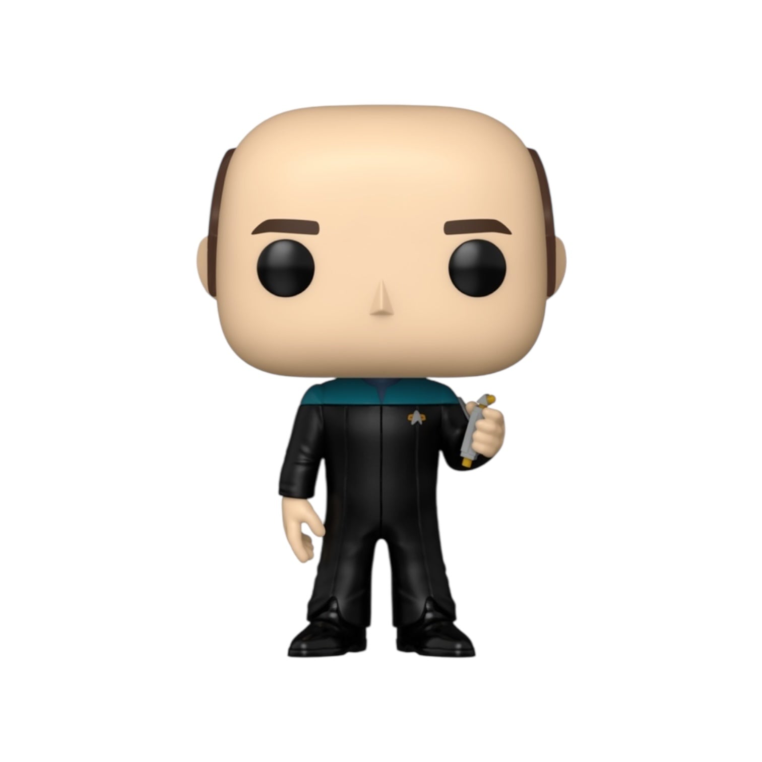 The Doctor in his black suit with green collar out of packaging on a white background