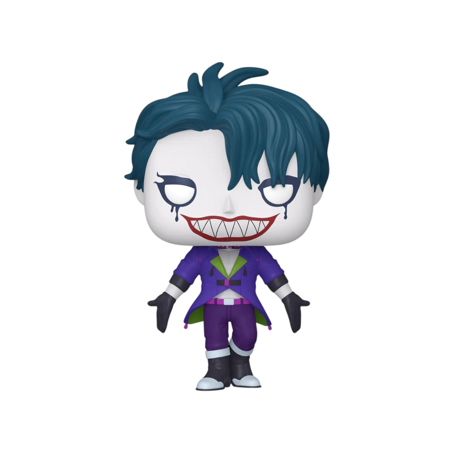 The Joker wearing a purple outfit blue hair and a wide green with bright red lips