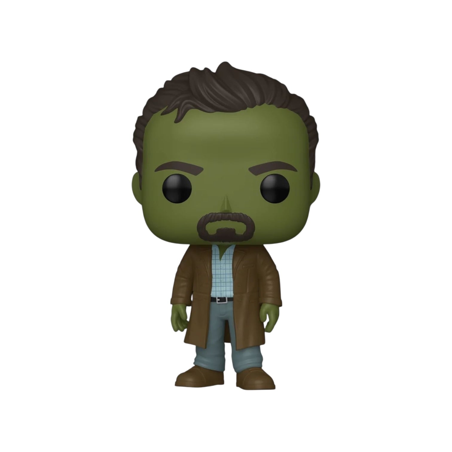 The Leader where a light blue checked shit and grey trousers with a long brown trench coat to complete his authoritative look