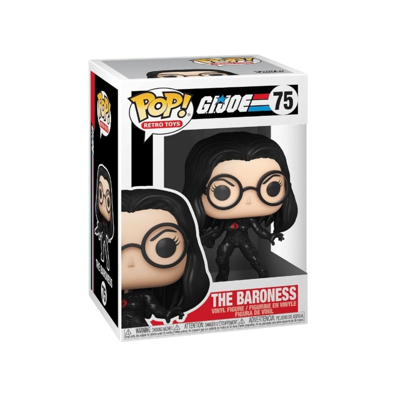 G.I. Joe's Baroness #75 Funko Pop! collectible, showcasing her iconic look with sleek black attire and glasses.
