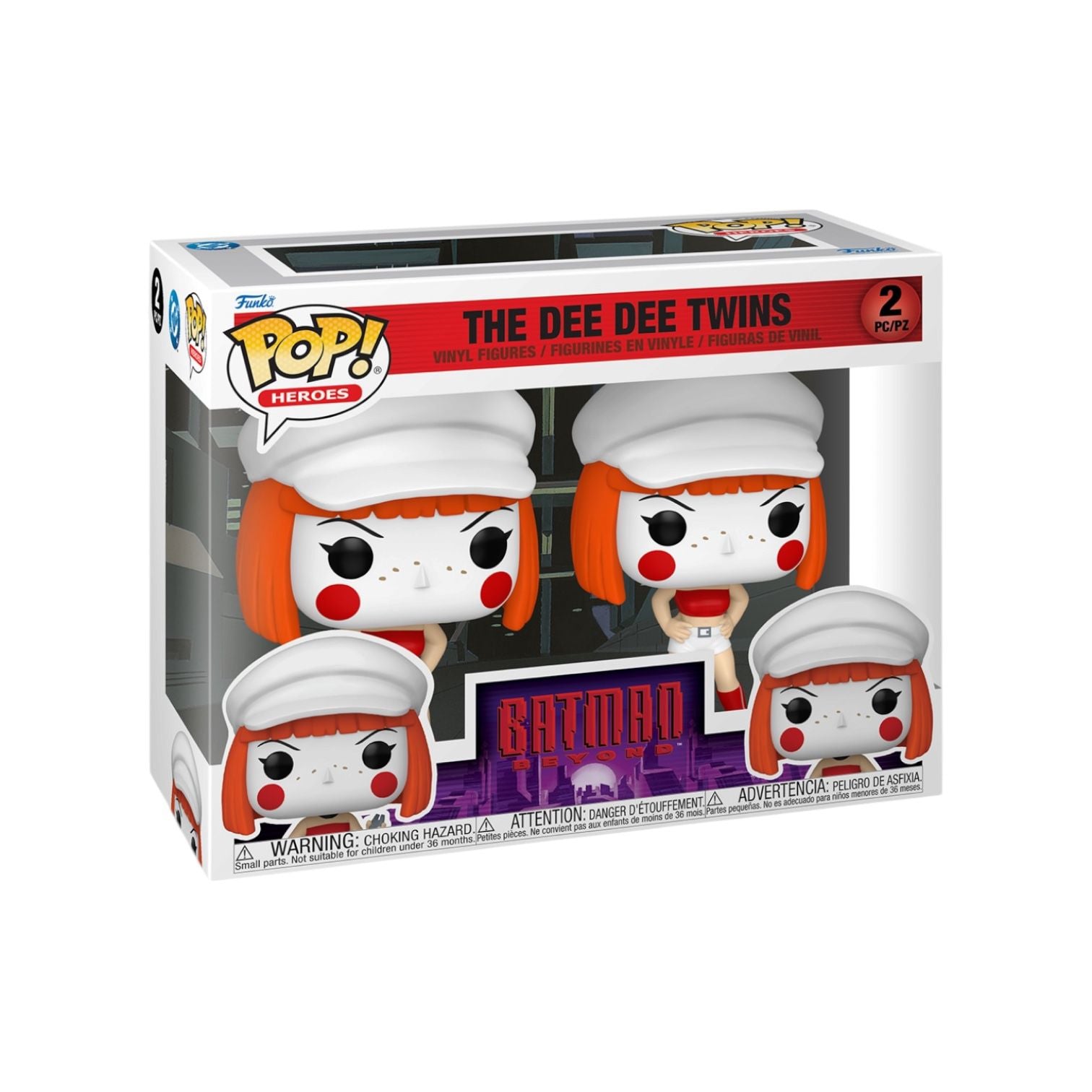 Funko Pop! packaging of The Dee Dee Twins with Batman logo on a white background