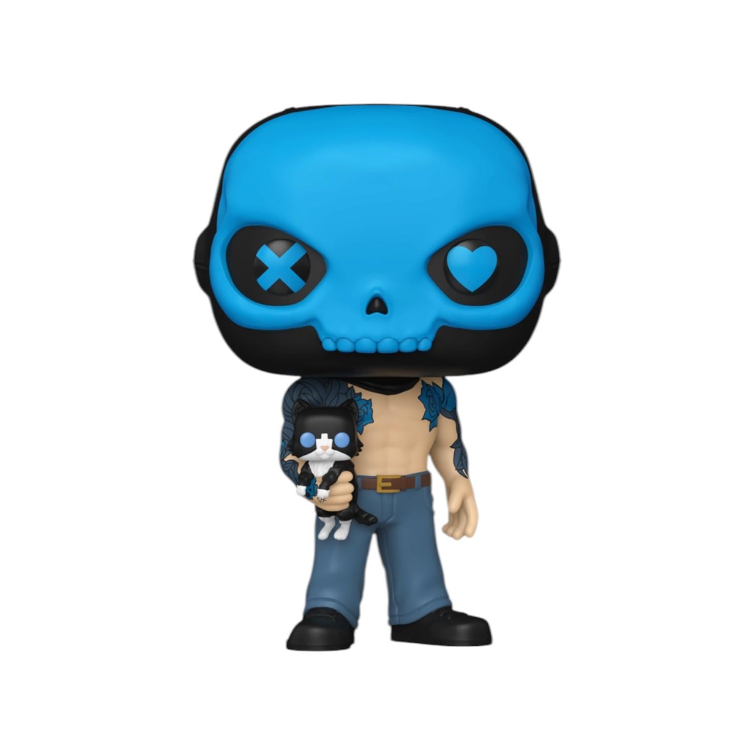Pop vinyl figure with blue skull head and tattooed body on a white background