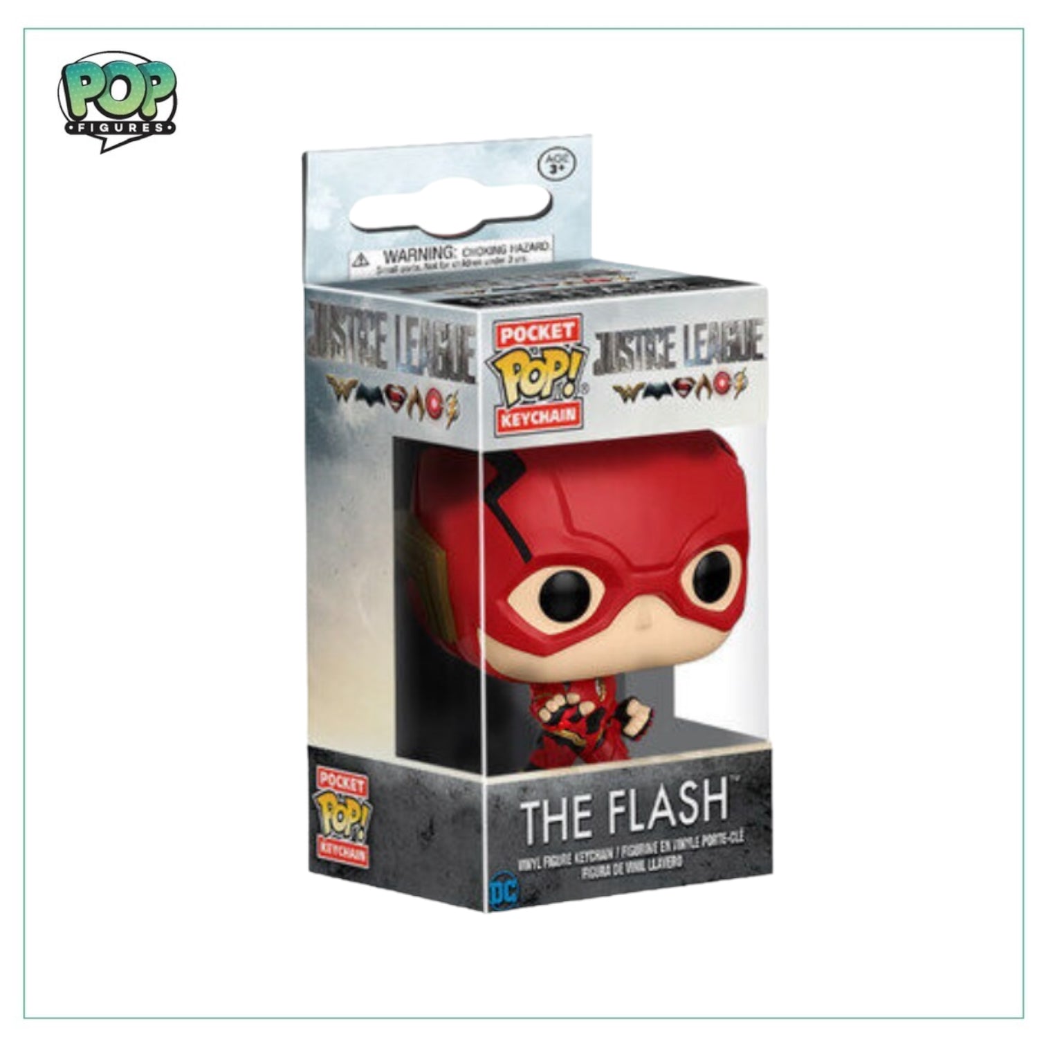 Flash Pocket Pop keychain from Justice League, featuring the superhero in a dynamic pose with a bright red suit and lightning bolt.