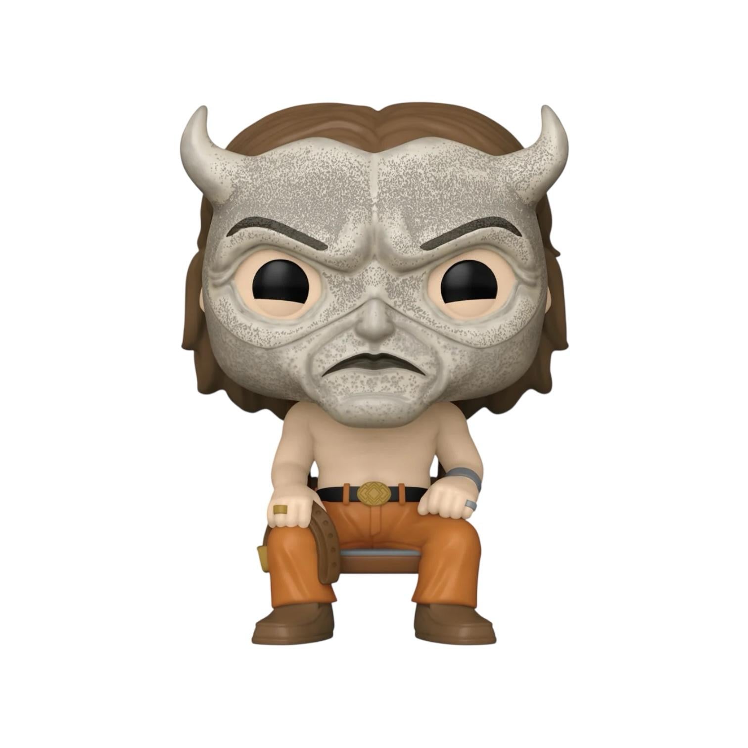 The Grabber for the film The Black Phone wearing orange jeans and black belt sat in a chair topless displaying a horned mask