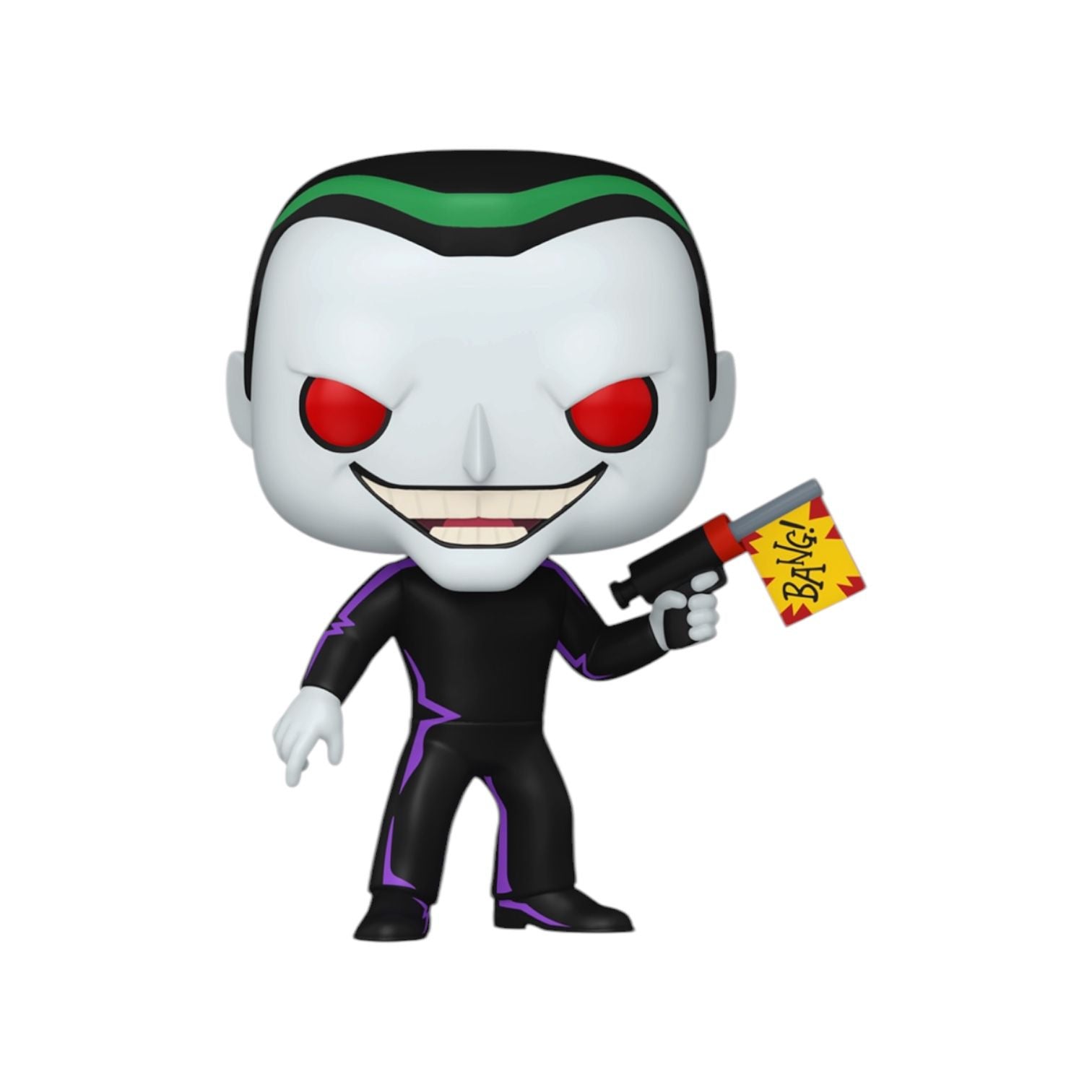 Action figure with a black and white suit, red eyes, and holding a gun with a 'Bang!' label on a white background.