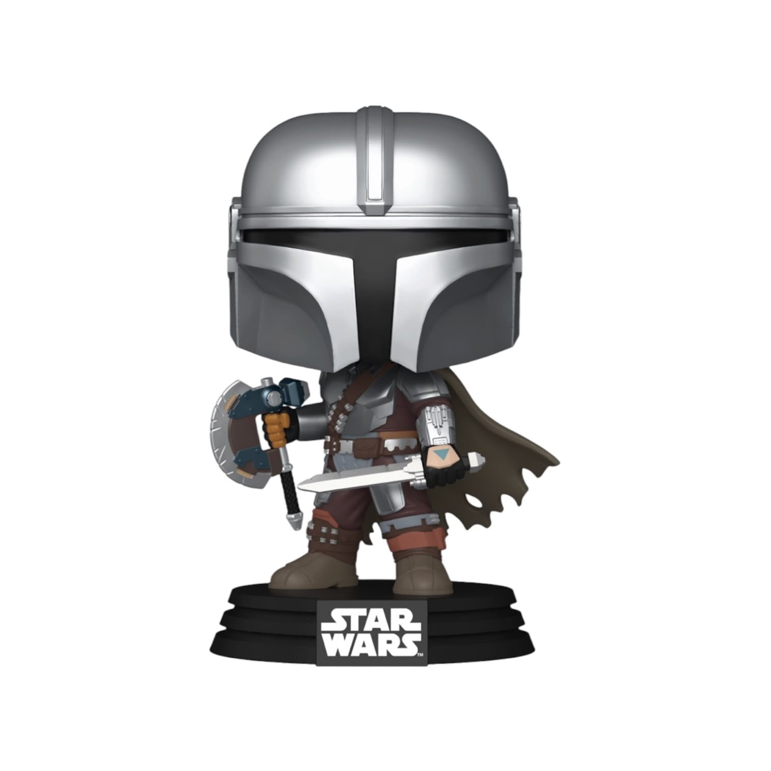 A Star Wars Funko Pop! vinyl figure of The Mandalorian, standing on a black circular base with the Star Wars logo. The figure features a silver helmet, brown and silver armor, and a dark cape, set against a plain white background.
