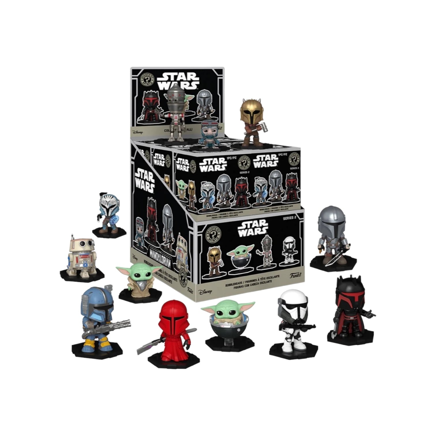 Collectible Funko Mystery Minis from The Mandalorian Season 2, highlighting beloved Star Wars characters in miniature designs