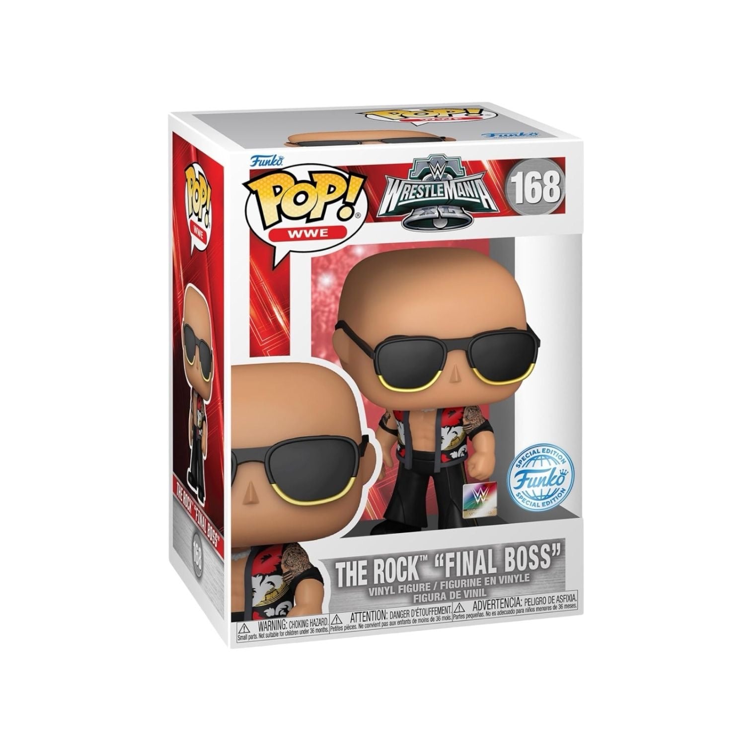 The Rock Funko pop wearing a open shirt printed shirt with black trousers with black and gold trim sunglasses