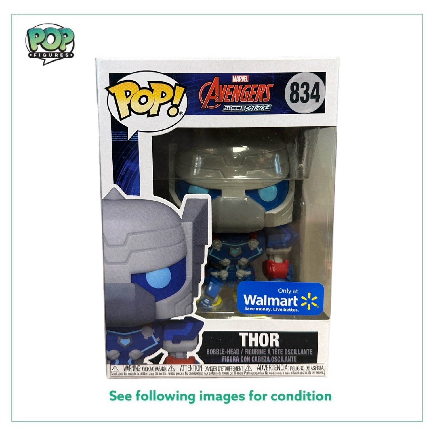 Thor #834 Funko Pop! from Avengers Mech Strike, Walmart exclusive, rated 8.5/10, featuring Thor in mech armor.
