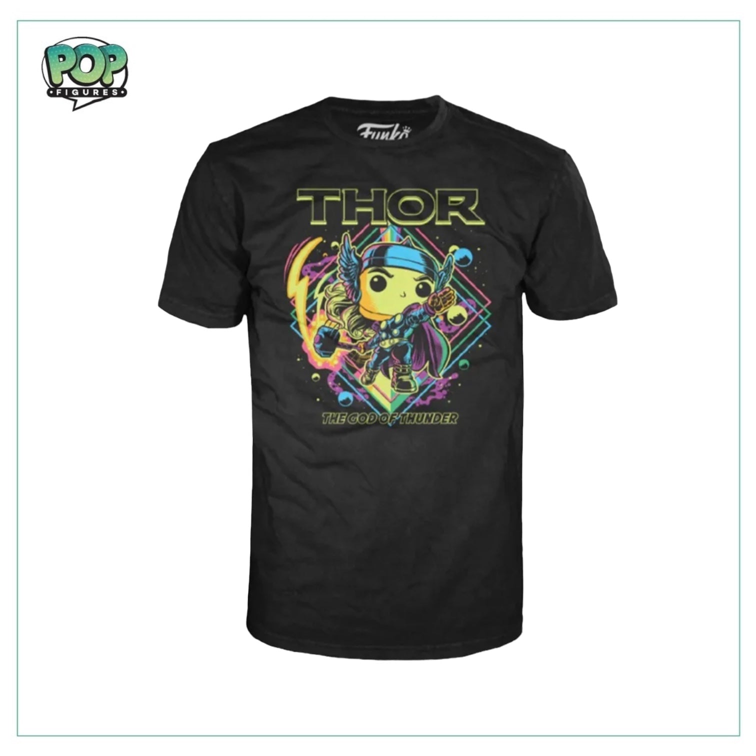 Blacklight Thor Funko T-shirt in medium size, featuring a vibrant graphic of Thor in a fun, colorful design.