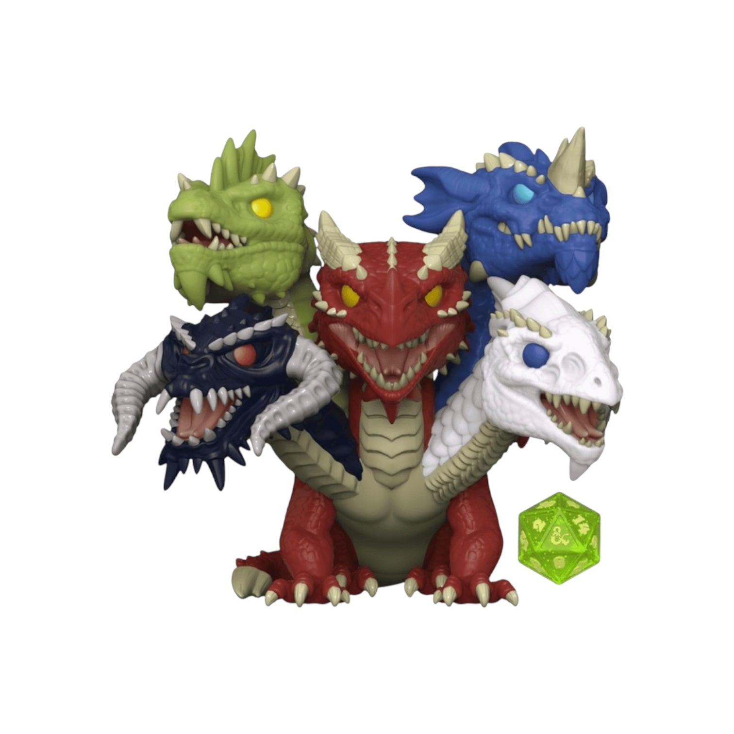 Multicolored dragon figurine with a green die on a white background