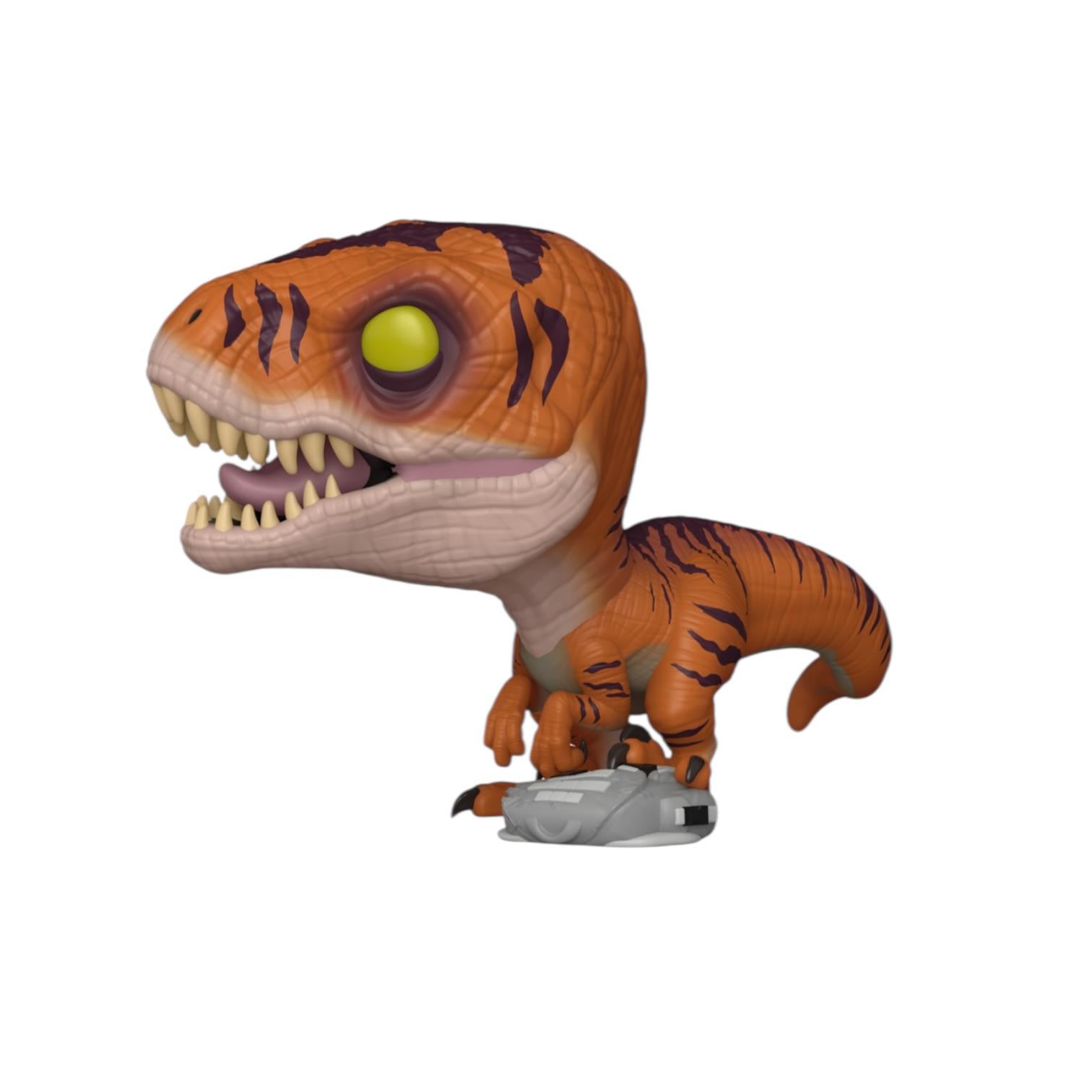 Toy figure of a t-rex with tiger stripes on a white background