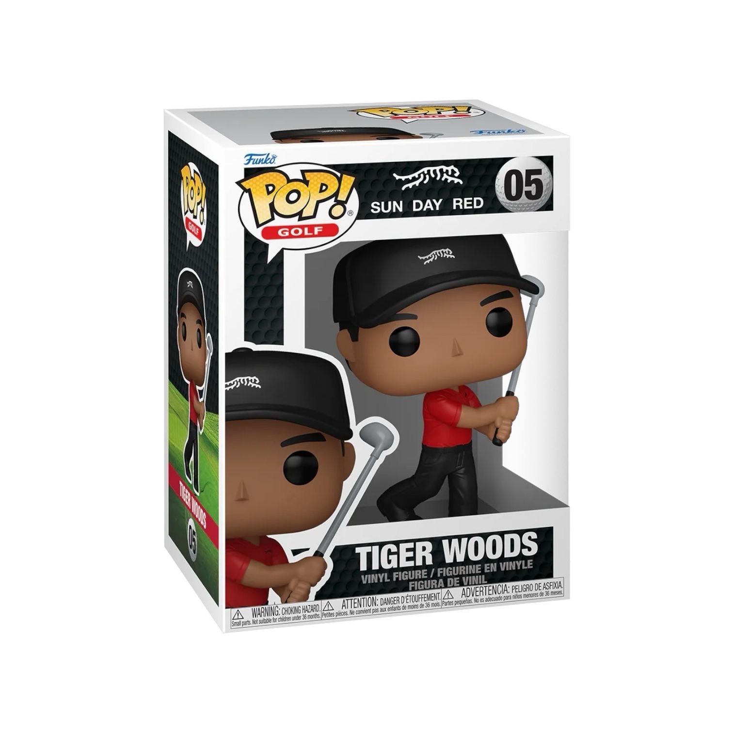 Tiger woods funko in a red top and black trousers in a iconic golf swinging pose