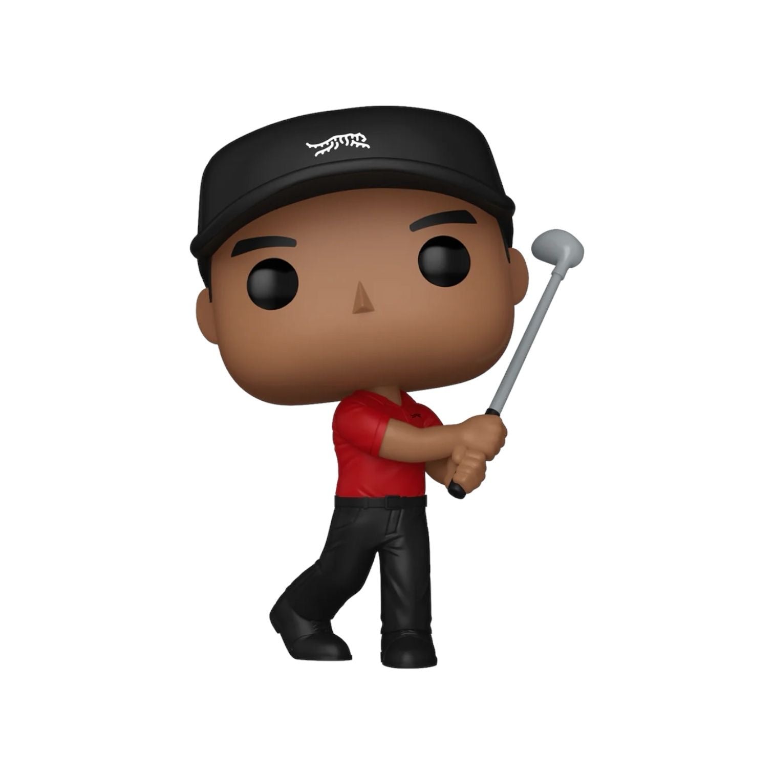 Tiger woods funko in a red top and black trousers in a iconic golf swinging pose