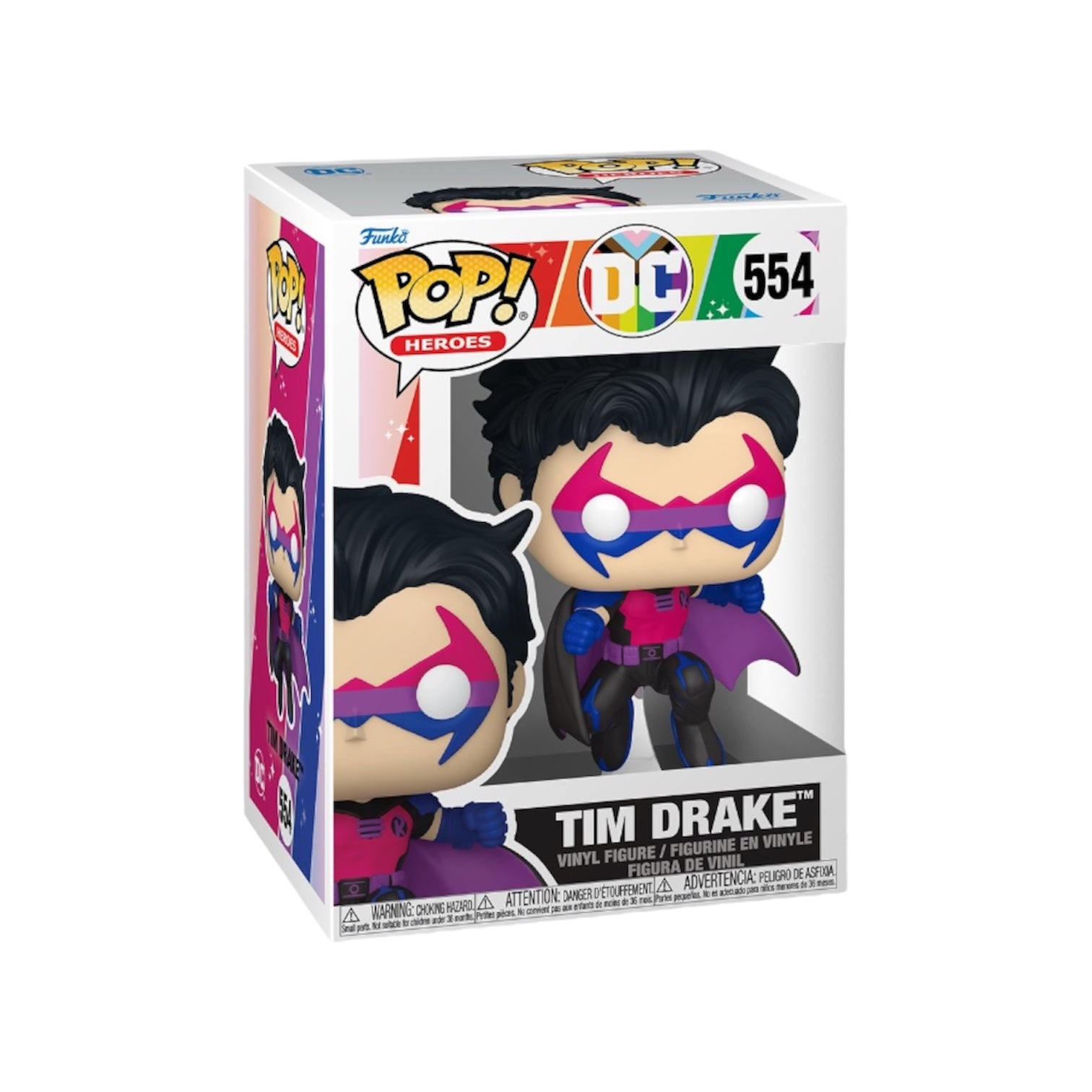 Tim Drake in a black, pink, blue and purple outfit