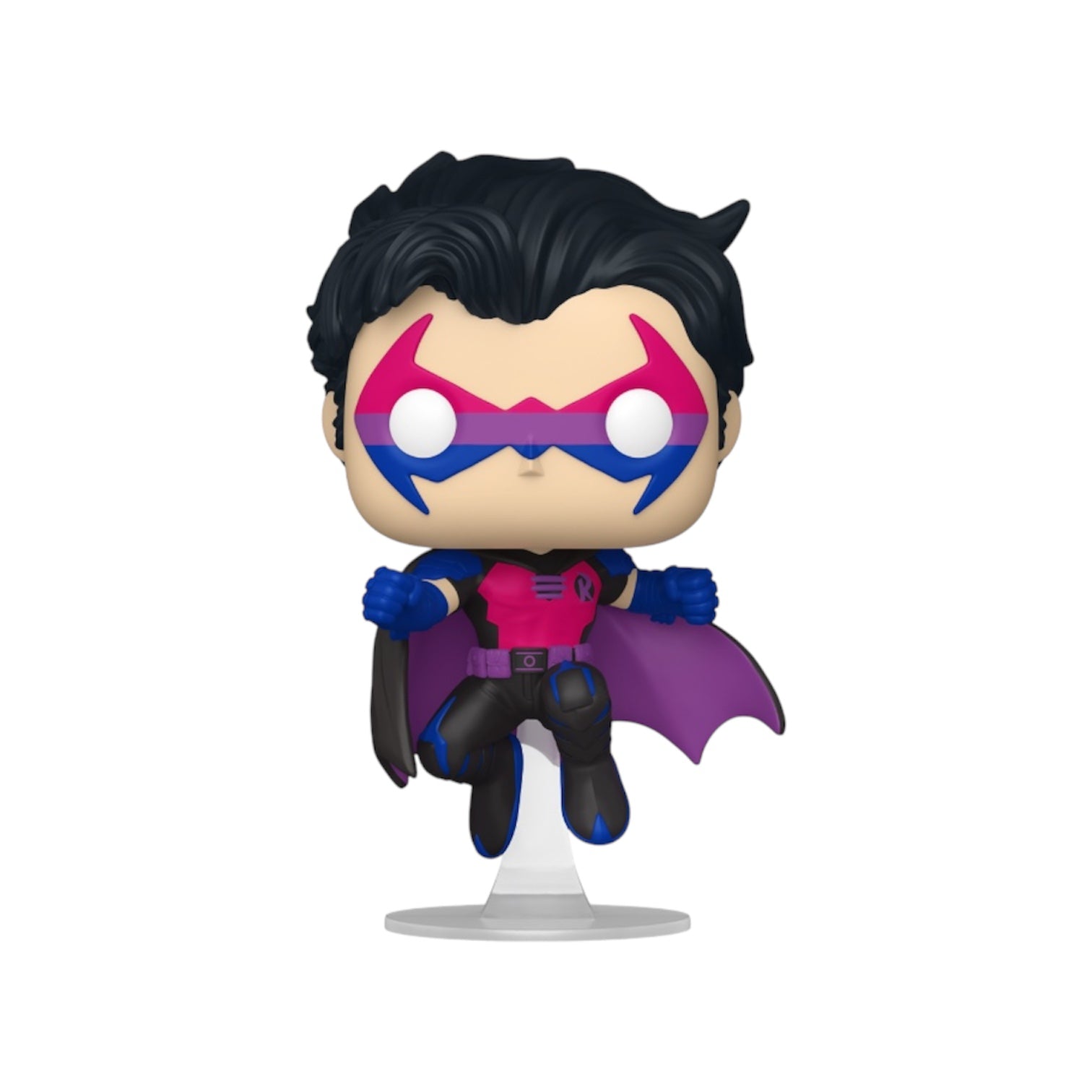 Tim Drake in a black, pink, blue and purple outfit